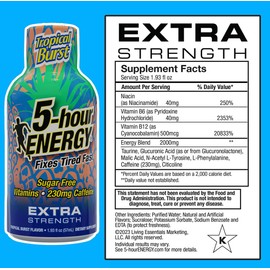 5-hour ENERGY Shots Extra Strength, Tropical Burst Flavor, 30 Count, 1.93 Fl Oz, Sugar Free, Zero Calories, Amino Acids and Essential B Vitamins, Dietary Supplement, Feel Alert and Energized, 230 mg Caffeine