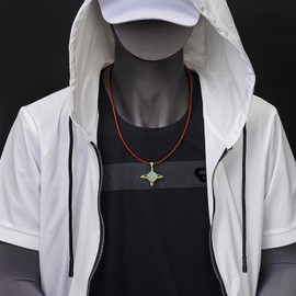 COOLSTEELANDBEYOND Blue Planet Saturn Pendant with Rhinestones, Unisex Necklace for Men and Women, with Brown Leather Cord, Leather rope, Rhinestone