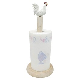 Rooster Design Wood Shabby Whitewashed Paper Towel Holder Stand Up Paper Towel Holder, Easy One-Handed Tear Kitchen Paper Towel Dispenser with Weighted Base for Standard Paper Towel Rolls