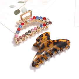 NVENF Tortoise Shell Acetate Hair Claw Clips for Women Girls Large Metal Hair Catch Barrettes Rainbow Crystal Hair Jaw Clamp Strong Hold for Thick Thin Hair