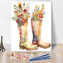 Farbe nach Zahlen für Erwachsene Kinder Aquarell Schuhe für Blumen Erwachsene DIY Farbe nach Zahl Vintage Floral Arts Craft Farbe nach Zahlen Kits Nordic Modern Home Wall Decor 16"x20" Rahmenlos