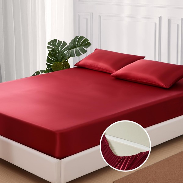 MR&HM Satin Fitted Sheet, Full Size Burgundy Fitted Sheet Only,