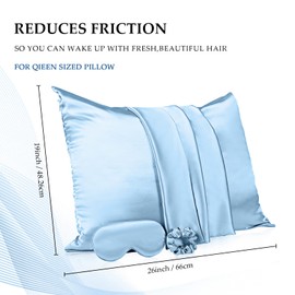 2 Pack Satin Pillowcase with Latent Zipper, Adjustable Satin Eye Mask for Sleeping and Satin Volume Scrunchie for Hair and Skin, Standard Size (Classic Style, Blue)