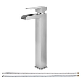 PARLOS Waterfall Vessel Sink Faucet Single Handle Tall Bathroom Vanity Mixer Tap One Hole with Water Supply Line, Brushed Nickel, 1441102D