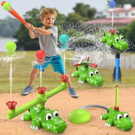 4 in 1 Summer Outdoor Sprinkler Spray Water Toys,360° Rotating Sprinkler/Hydro Baseball/Rocket Launcher/Stomp Rocket Lawn Backyard Pool Party Outside Game for Kids Toddlers Ages 3-5 4-8
