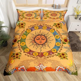 Boho Sun Moon Duvet Cover,Kids Twelve Constellations Bedding Set,Bohemian Comforter Cover for Boys Girls Room Decor,Mandala Pattern Lightweight Bedspread Cover Twin Size with 1 Pillow Case