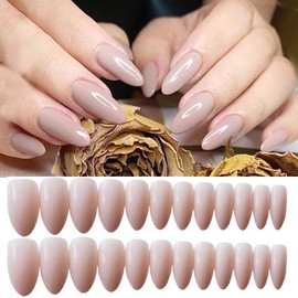 Easedaily Almond Nude Press on Nails Fake Nails Long False Nails Ballerina Full Cover Nails for Women and Girls