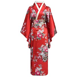 Bon amixyl Japanese Kimono for Women Traditional Young Lady Yukata Dress Cosplay Costume Satin Robe, red