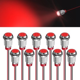 FICOLPO 10 Pcs LED Metal Waterproof Indicator Light, AC/DC 12-24V 2/5'' Mounting Hole Pre-wired Pilot Signal Light for Car, Trucks, Boats, Marine, Dash, Industrial Electricity (Red, 10mm)