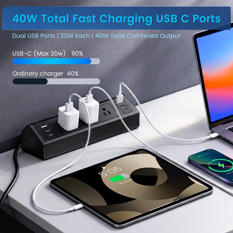Desk Clamp Power Strip with 40W Total Fast Charging Station,