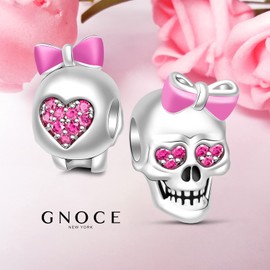 GNOCE Skull Charms Pendant 925 Sterling Silver Beads Charm Pink Enamel Bowknot & Pink Sapphire CZ Stones for Bracelets Necklaces Heart in My Eyes, Silver
