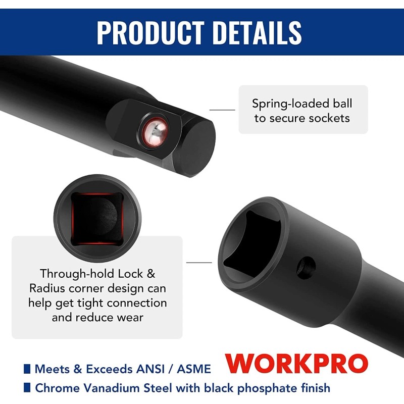 WORKPRO 18-Piece 1/4" 3/8" & 1/2" Drive Impact Socket Extension