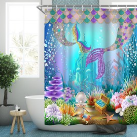 Lofaris Under The Sea Shower Curtain Ocean Underwater World Mermaid Scales Tails Curtains Coral Shell Pearl Castle Girls Waterproof Fabric Curtain for Bathroom 12 Hooks 72"x72" Shower Curtain Set