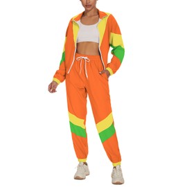 UOUA Women's Color Block 2 Piece 80s 90s Outfits Long Sleeve Windbreaker Jacket Tracksuit Set Orange L