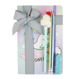 Emartbuy Cool Stationery Unique Gift Set with A5 Notebook Journal Gel Pen Pencils Eraser in Ribbon - Sweet