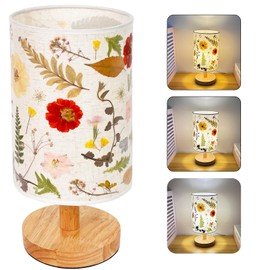 petitepop Dried Flowers Table Lamp, Vintage Floral Beside Lamp,5w Led 3-Color Cute Linen Shade Desk Lamp for Bedroom Office Nursery with Wood Base