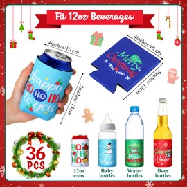 Potchen 36 Pcs Christmas Beer Can Cooler Sleeves 12 oz Colorful Insulated Neoprene Can Holders Bulk Xmas Holiday Soda Beer Drink Cover for Winter Christmas Party Decorations Supplies (Merry Christmas)