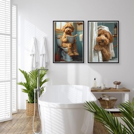 2 Funny Golden Retriever Shower Humorous Animal Posters for Dog Lovers - Animal Sitting on Toilet Bathroom Poster - Dog Reading Newspaper 12x16 Inches Unframed Printed Canvas Art for Bathroom Decoration