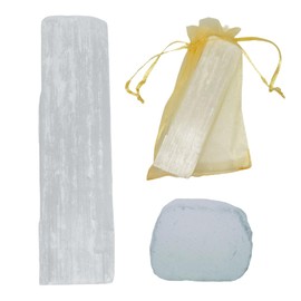 Barra de Selenita Natural en Bruto, Cristal para Limpieza Energética, 115 grms, 10 cm x 2.5 cm, Tamaño Bolsillo, Incluye Bolsa de Tela de Regalo