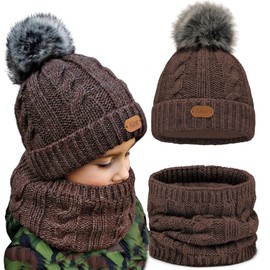 Alur Children's Unisex Beanie with Loop Scarf Set Winter Hat Knitted Hat with Bobble - Warm Elastic Elegant Winter Hat Scarf Eko Bobble Hat - Soft Yarn Stylish Warm, latte