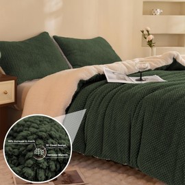 LLanCL 3D Jacquard Design Comforter Set, Ultra-Soft Warm King Size Sherpa Fur Plush 3-Pieces Sets Luxury Cozy Bedding with 2 Pillowcases (104"x90", Dark Green)