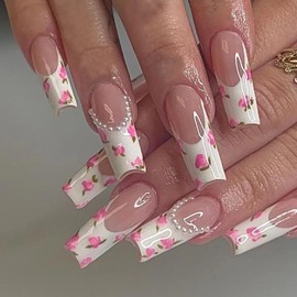 Wsiliana Pink French Tip Press On Nails Long Square Acrylic Fake Nail with Charm Rose Design,24Pcs Press On Nails for Woman Daily Wear (M010 Flower)