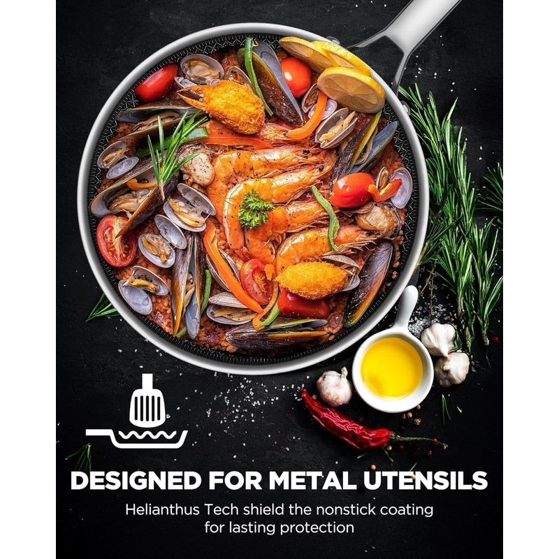 Nonstick Frying Pans with Lid, 5Qt Hybrid Ceramic Tri-Ply Saute