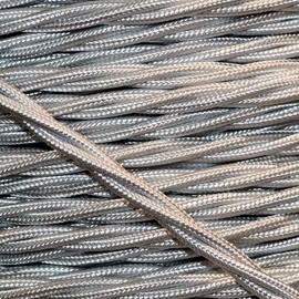 Art Deco Emporium CUT-2-ORDER Length Vintage Styled British Silver Coloured Cloth Covered Braided Twist Flex - Electric Cable 3 Core; Electrical Wire 6Amp; Lighting Lead 0.75mm