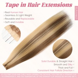 Eliysako Professional Invisible Tape hair human Hair Extensions #613/18 Brown Light Brown Mix Blonde 20inch 50G/20s Tape In Extension Daily Styling Premium Human Hair Extensions Tape In Adhesive