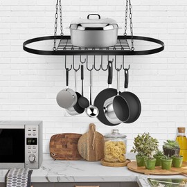 GMSLuu Pot and Pan Ceiling Rack, Mounted Cookware Storage Rack, Hanging Pot and Pan Suspended Organizer with Shelf Grid and 10 Hooks (31.5x16.5 Inch) for Home Kitchen Restaurant Organization Black