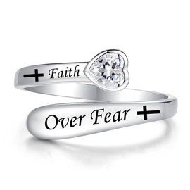 Faith Over Fear Ring for Women- 925 Sterling Silver Adjustable Faith Cross Ring Heart Cubic Zirconia Inspirational Rings Wrap Open Jewelry Gifts for Daughter Friend