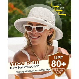 FURTALK Wide Brim Sun Hat with Ponytail Hole for Women UPF 80+ UV Protection Packable Bucket Hiking Travel Outdoor Hat Beige