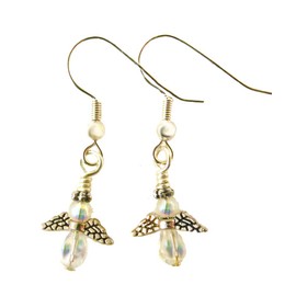 Tiny Angel Pierced Dangle Earrings with AB Crystal Beads Silvertone Wings Sterling Silver Earwires