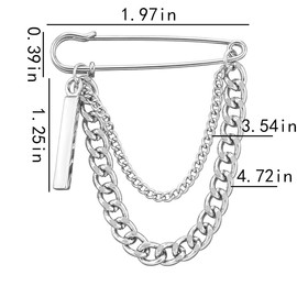 Punk Silver Chain Brooch Pins for Men Women Layered Cuban Chain Brooches and Pins for Clothing Suit Dainty Safety Pin Brooch with Chains Bar Brooches with Charm Lapel Pins Mens Unique Decorative Pins