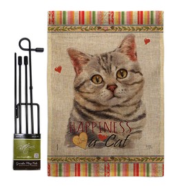 Cat Gray American Short Hair Happiness Burlap Garden Flag Set with Stand Animals Kitten Meow Spoiled Paw Fur Pet Nature Farm Animal Creature Small Gift Yard House Banner Double-Sided 13 X 18.5