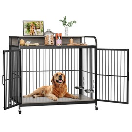 Hipicute 48" L X 30" W X 44.3" H Dog Crate Furniture, Dog Crate Indoor with Adjustable Height Bowls, Wooden Heavy Duty, 48 Inch Dog Kennel Furniture for Large Dogs,Grey
