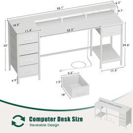 Korfile 55 Inch Computer Gaming Desk with Power Outlets LED Lights, Reversible Home Office with Adjustable Fabric Storage Drawers for Working Writing Study, White