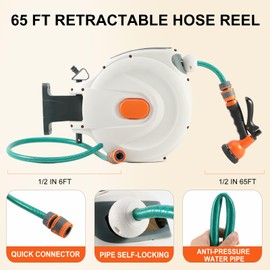 Himix Retractable Garden Hose Reel, 1/2" 65ft Wall Mounted Hose Holder with Auto Rewind, 180° Swivel Bracket – Heavy Duty Watering Equipment | Limited Stock
