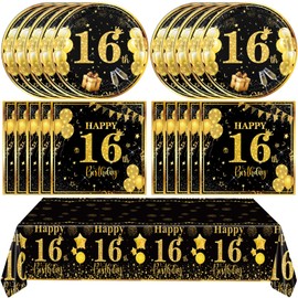 Juego de 41 decoraciones de cumpleaños 16 para niños y niñas, juego de suministros de fiesta de 16 unidades, color negro, dorado, dulce, decoración de fiesta de cumpleaños para niñas y niños, platos