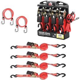 BIG RED ATRTD2110R Torin 15 Foot Ratchet Tie Down Straps and 2 Bungee Cords, 500 lb Load Capacity & 1,500 lb Break Strength, Red, 4 Pack