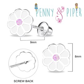 Penny & Piper Toddler Screwback Earrings Hypoallergenic for Ages +3 - Sterling Silver Earrings for Little Girls & Kids Stud Earrings - (Daisy, 1 Pair)