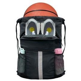 YUHAN PRETTY Drawstring Backpack with Shoes Compartment Waterproof Large String Cinch Beach Pool Bag for Swim Sports Gym(Black)