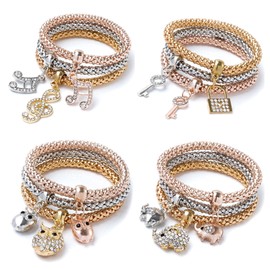 12PCS Gold/Silver/Rose Gold Corn Chain Bracelet Crystal Multilayer Butterfly Heart circle Life tree locket Charming Stretch Bracelet for Women SZ06 (Style B)