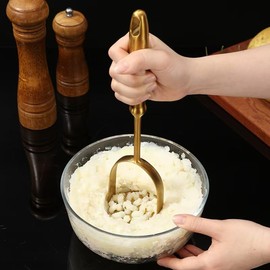 Golden Potato Masher Stainless Steel Heavy Duty Ergonomic Handle for Mashed Potatoes Avocado Ground Beef & Beans Dishwasher Safe Kitchen Tool (Round Style Short Handle)