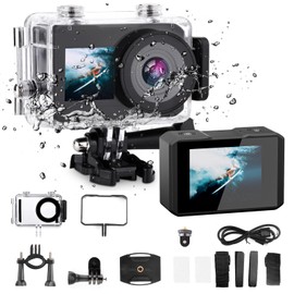 PEGY 4K 30FPS 12MP Action Camera Dual Screen with Stabilization 2.0, Underwater 30m Waterproof Camera 170 Degree Wide Angle and WiFi Sports Cameras with Accessories Kits
