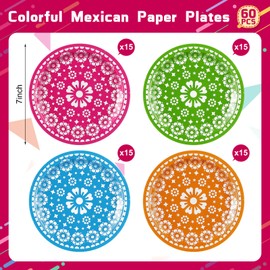 Newtay 60 Pcs Fiesta Party Plates Mexican Party Decorations 7" Disposable Mexican Tableware Set Colorful Paper Plates for Mexican Cinco De Mayo Dance Taco Fiesta Party Supplies
