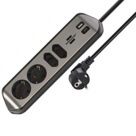 brennenstuhl® Estilo Corner Socket Strip 4-Way with USB A and USB C PD 30 W (Table Socket for Kitchen and Office, Corner Socket with 2 x Earthed Contact Sockets, 2 x Euro Sockets) Silver/Black