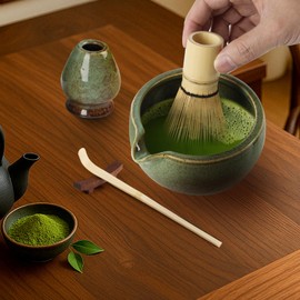 Matcha Set, 5 Pcs Matcha Kit Includes Matcha Bowl, Matcha Whisk, Whisk Stand, Bamboo Scoop, Spoon Rest, Japanese Tea Set for Matcha Lovers (Powder Not Included) (Kiln-Changed Green)