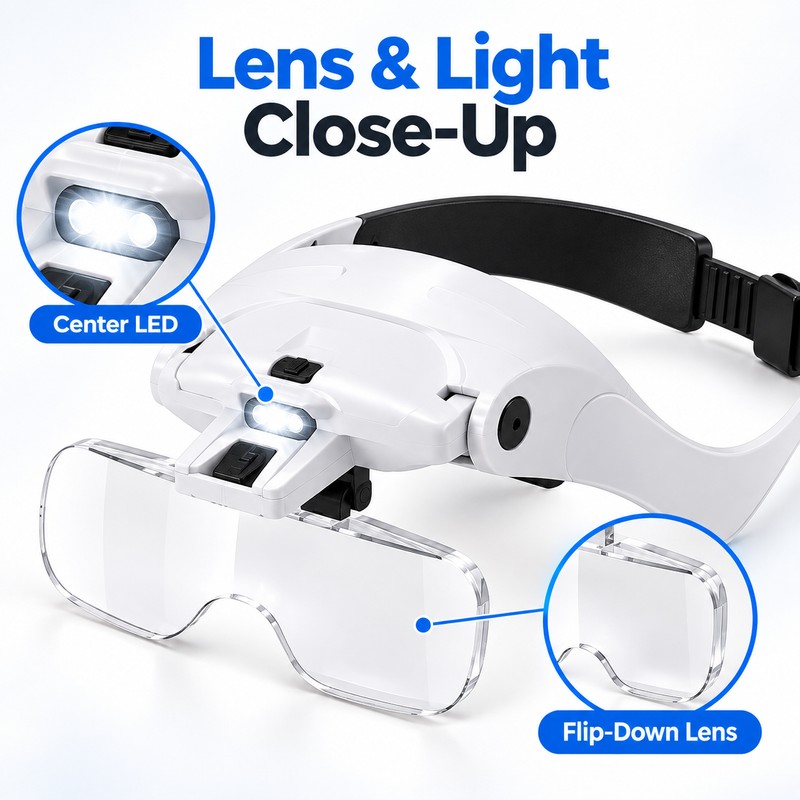 Hand-Free LED Headband Magnifier for Detail Work – 5-Lens Adjustable