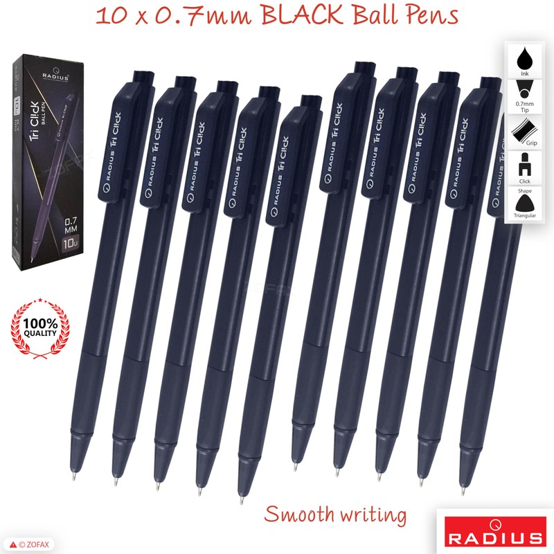 RADIUS Tri Click Retractable Ballpoint Pens, BLACK, Fine Point (0.7mm),